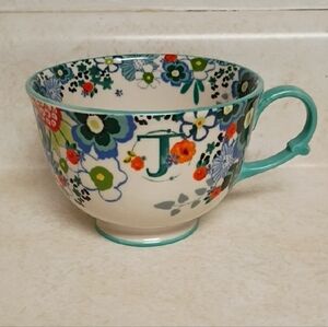 Anthropologie Floral Monogrammed Teal Handle Mug